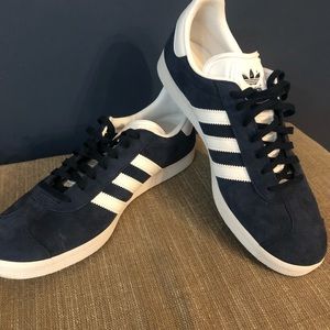 Adidas Gazelle Navy Blue Suede athletic shoes.